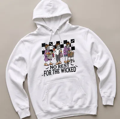 Cartoonish skeleton moms juggling tasks with the text 'No Rest For The Wicked' — printed on a unisex hoodie