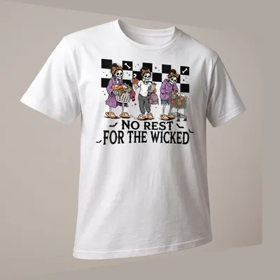 Cartoonish skeleton moms juggling tasks with the text 'No Rest For The Wicked' — printed on a unisex t-shirt (angled view)