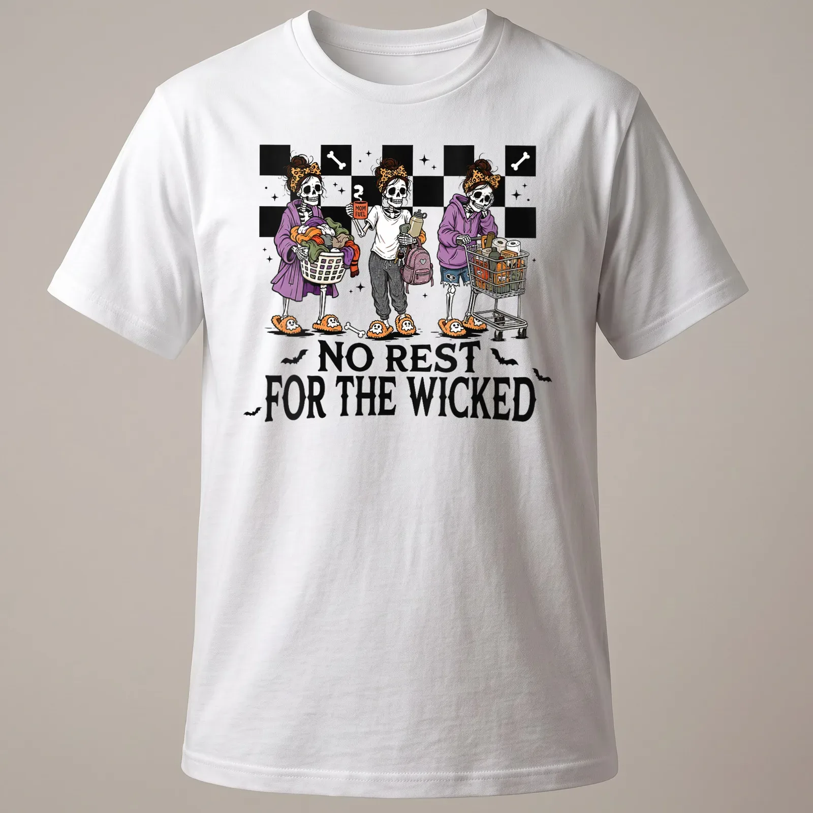 Cartoonish skeleton moms juggling tasks with the text 'No Rest For The Wicked' — printed on a unisex t-shirt