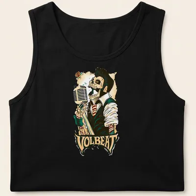 Vintage colorful print of a skeleton singing into a microphone with Volbeat text — printed on a tank top