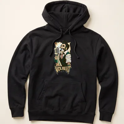 Vintage colorful print of a skeleton singing into a microphone with Volbeat text — printed on a unisex hoodie