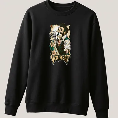 Vintage colorful print of a skeleton singing into a microphone with Volbeat text — printed on a unisex sweatshirt