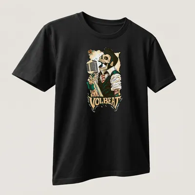 Vintage colorful print of a skeleton singing into a microphone with Volbeat text — printed on a unisex t-shirt (angled view)
