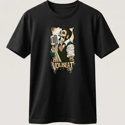 Vintage colorful print of a skeleton singing into a microphone with Volbeat text