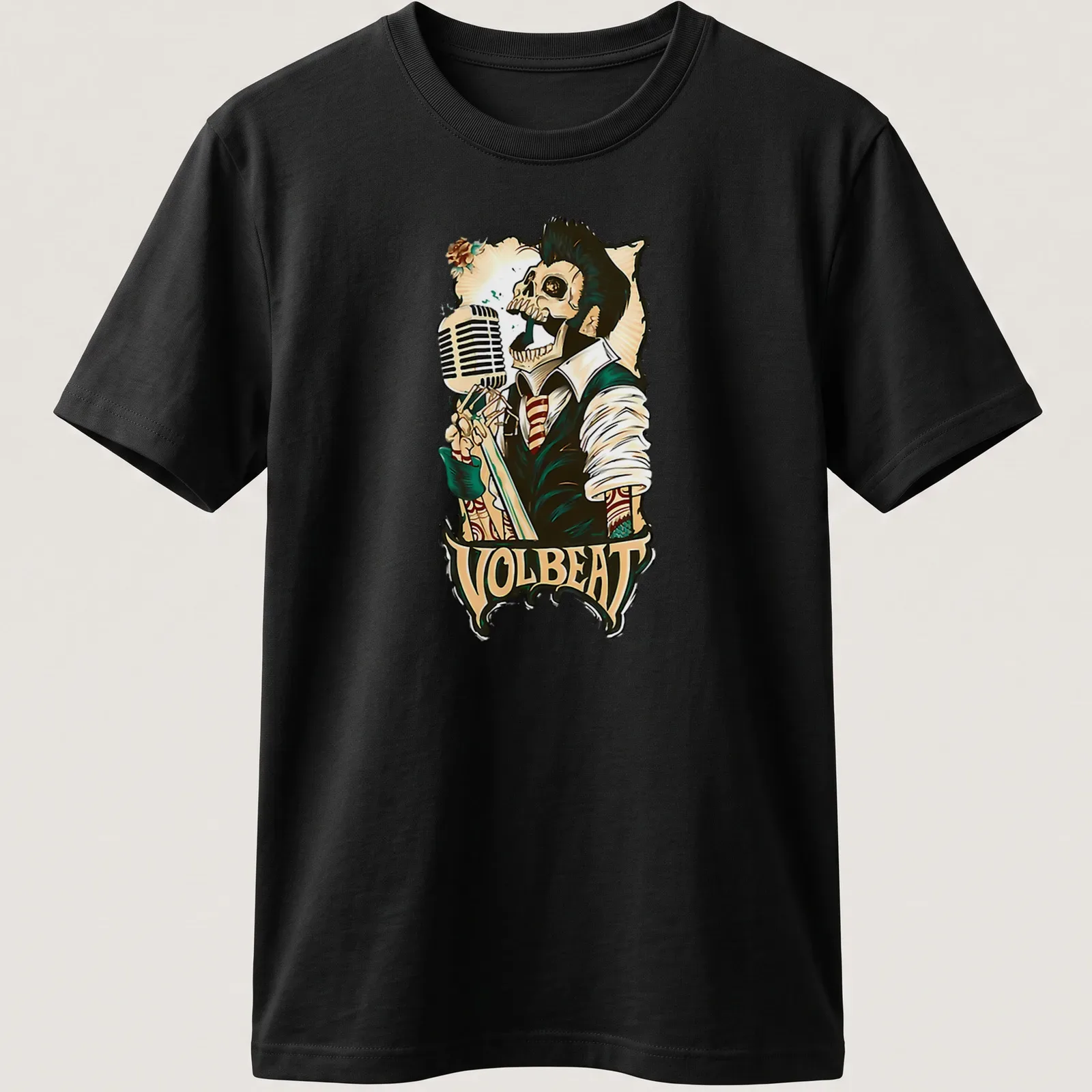 Vintage colorful print of a skeleton singing into a microphone with Volbeat text — printed on a unisex t-shirt