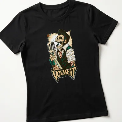Vintage colorful print of a skeleton singing into a microphone with Volbeat text — printed on a women's shirt