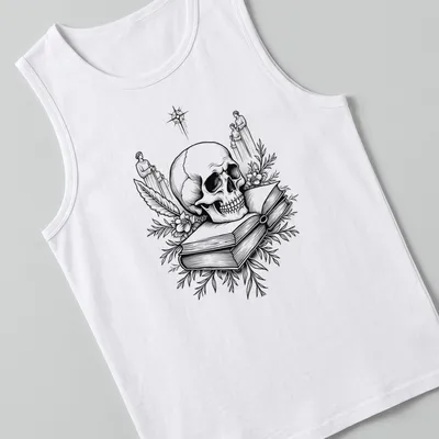 Line art of a skull representing memento mori in black and white — printed on a tank top
