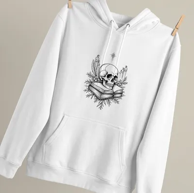Line art of a skull representing memento mori in black and white — printed on a unisex hoodie