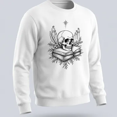 Line art of a skull representing memento mori in black and white — printed on a unisex sweatshirt