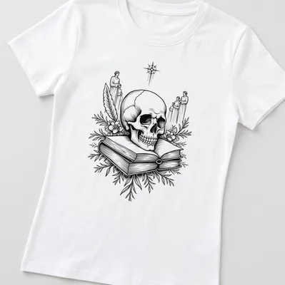 Line art of a skull representing memento mori in black and white — printed on a women's shirt