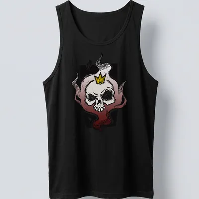 Sketchy skull with crown and flames in black, white, red, and yellow — printed on a tank top
