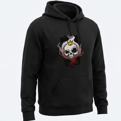 Sketchy skull with crown and flames in black, white, red, and yellow — printed on a unisex hoodie