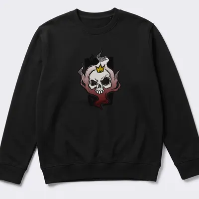 Sketchy skull with crown and flames in black, white, red, and yellow — printed on a unisex sweatshirt