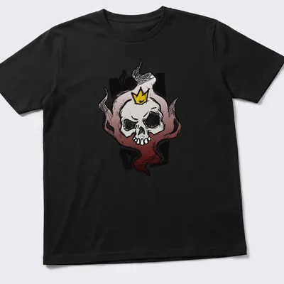 Sketchy skull with crown and flames in black, white, red, and yellow