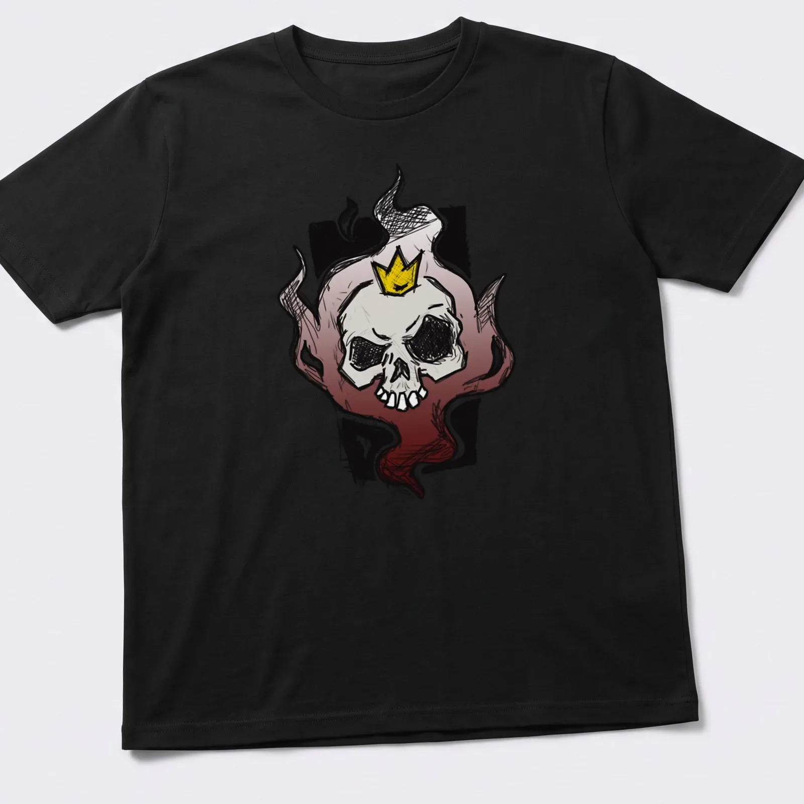 Sketchy skull with crown and flames in black, white, red, and yellow — printed on a unisex t-shirt
