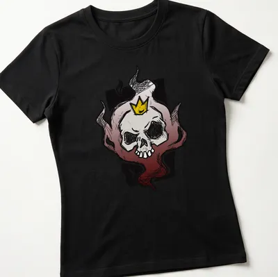 Sketchy skull with crown and flames in black, white, red, and yellow — printed on a women's shirt