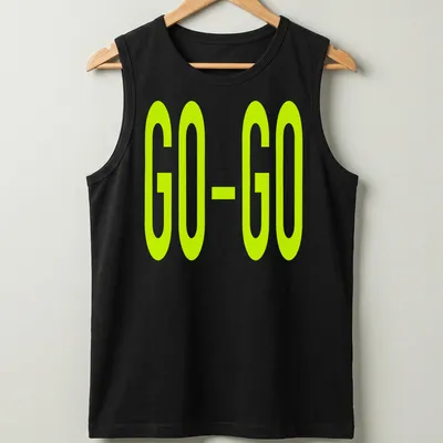 Bold green t-shirt with the printed text GO-GO in the same slime green color — printed on a tank top