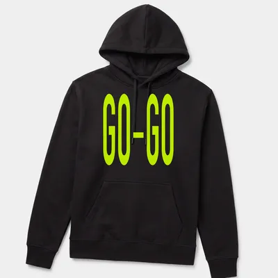 Bold green t-shirt with the printed text GO-GO in the same slime green color — printed on a unisex hoodie