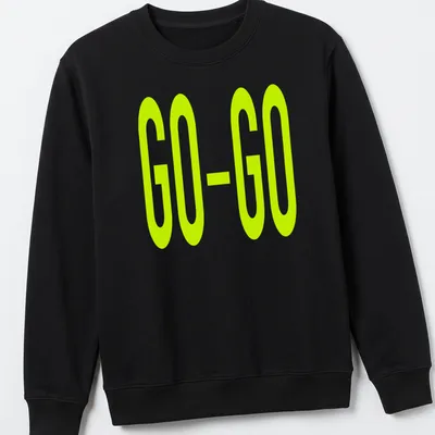 Bold green t-shirt with the printed text GO-GO in the same slime green color — printed on a unisex sweatshirt