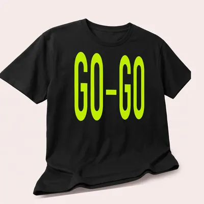 Bold green t-shirt with the printed text GO-GO in the same slime green color — printed on a unisex t-shirt (angled view)