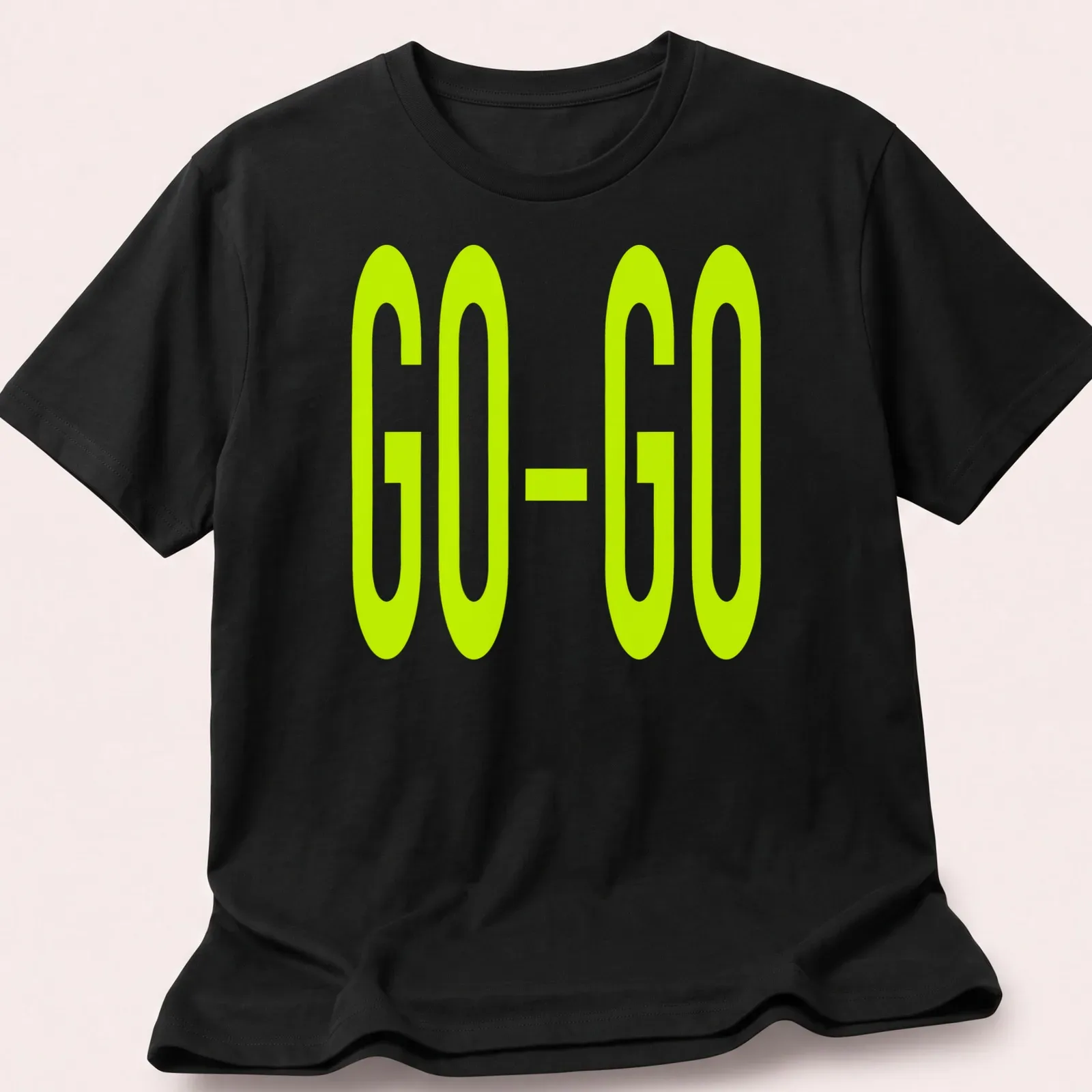 Bold green t-shirt with the printed text GO-GO in the same slime green color — printed on a unisex t-shirt