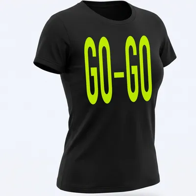Bold green t-shirt with the printed text GO-GO in the same slime green color — printed on a women's shirt
