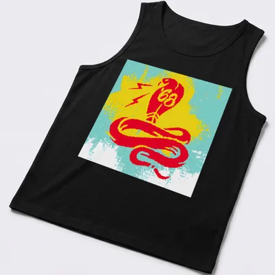 Bold graphic print of a snake and lightning with '68' text in vibrant colors — printed on a tank top