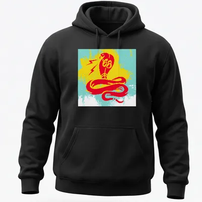 Bold graphic print of a snake and lightning with '68' text in vibrant colors — printed on a unisex hoodie