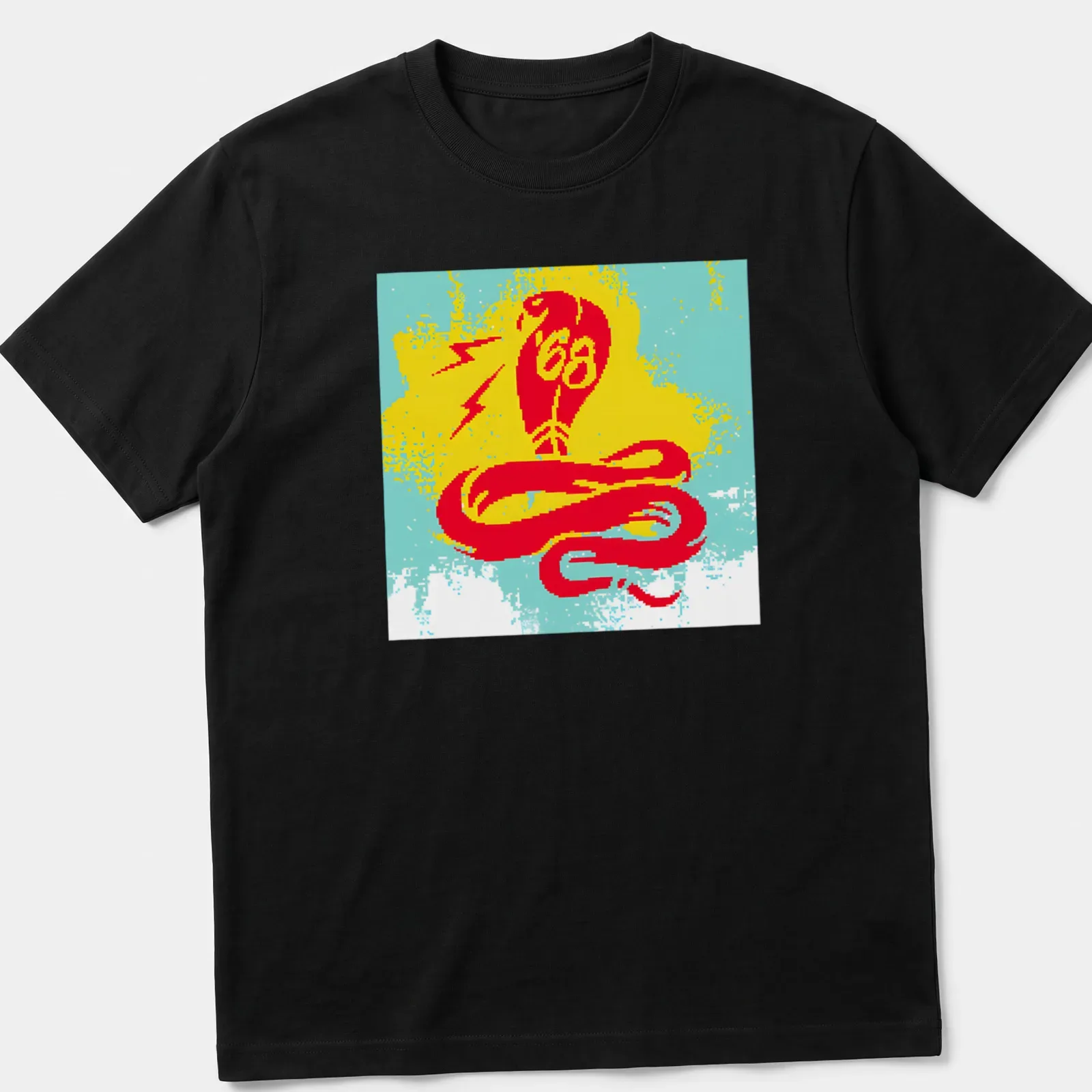 Bold graphic print of a snake and lightning with '68' text in vibrant colors — printed on a unisex t-shirt