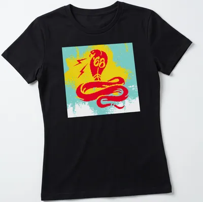 Bold graphic print of a snake and lightning with '68' text in vibrant colors — printed on a women's shirt
