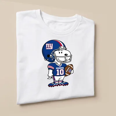 Cartoon Snoopy with 'Giants 10' printed in blue, red, and white colors — printed on a unisex t-shirt (angled view)