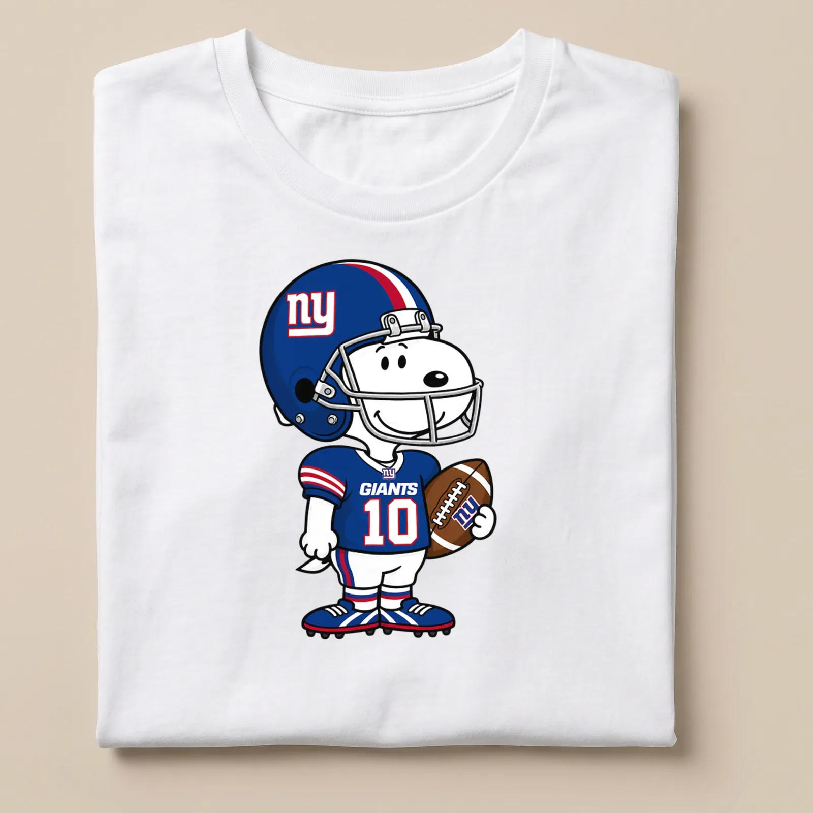 Cartoon Snoopy with 'Giants 10' printed in blue, red, and white colors — printed on a unisex t-shirt