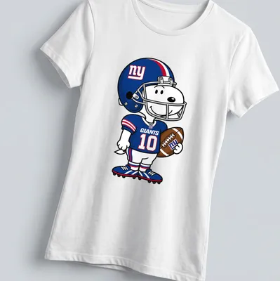 Cartoon Snoopy with 'Giants 10' printed in blue, red, and white colors — printed on a women's shirt