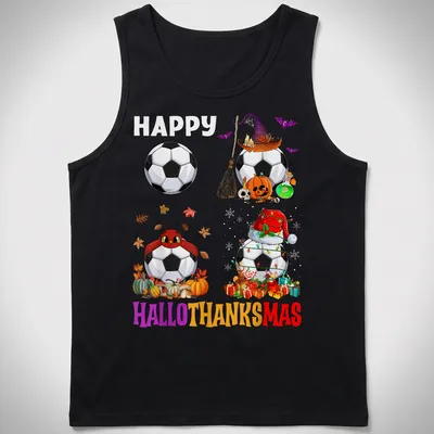 Colorful cartoon design with soccer ball and seasonal elements, saying Happy Hallothanksmas — printed on a tank top