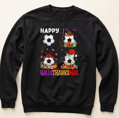Colorful cartoon design with soccer ball and seasonal elements, saying Happy Hallothanksmas — printed on a unisex sweatshirt