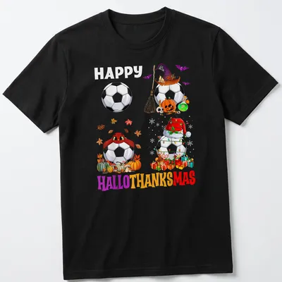 Colorful cartoon design with soccer ball and seasonal elements, saying Happy Hallothanksmas