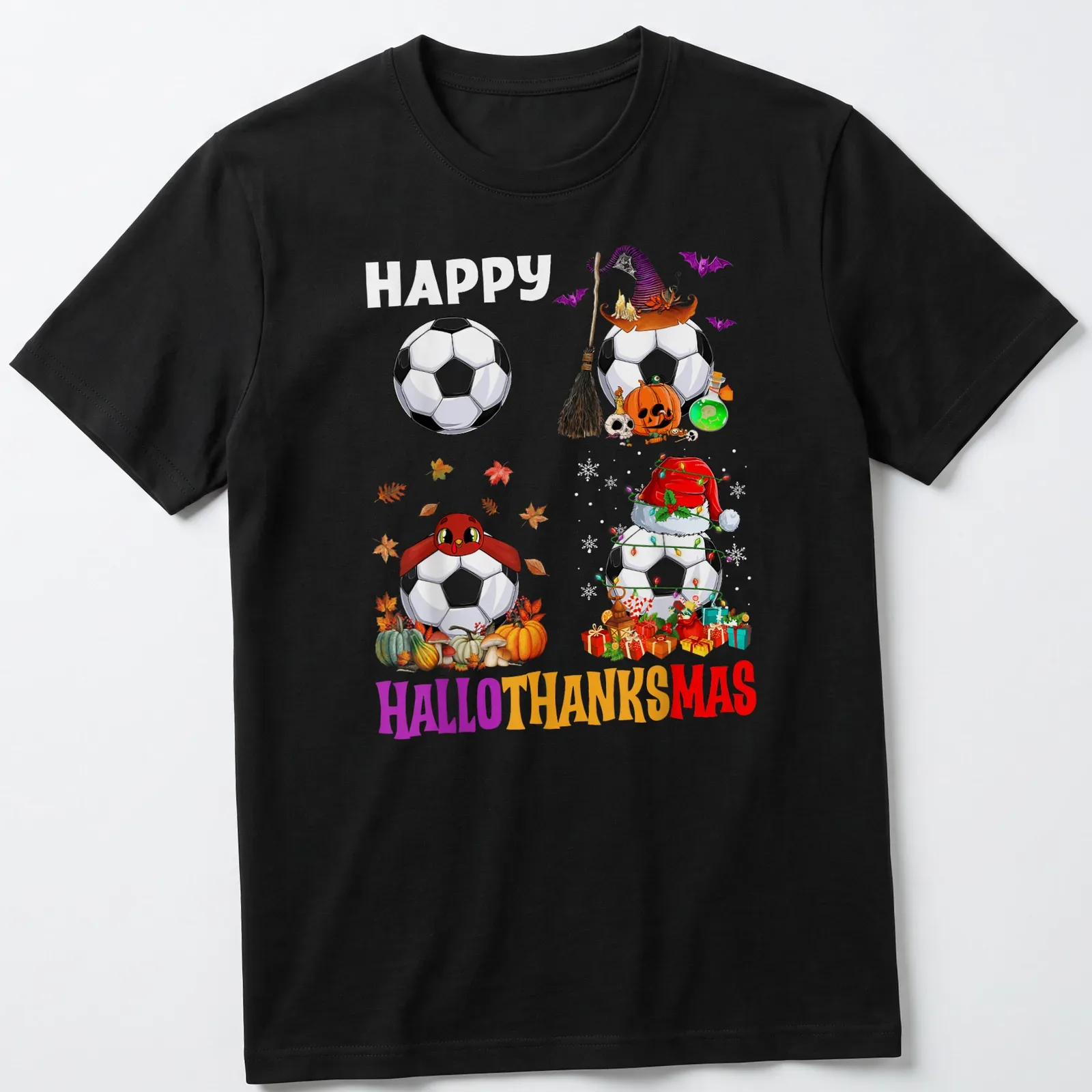 Colorful cartoon design with soccer ball and seasonal elements, saying Happy Hallothanksmas — printed on a unisex t-shirt