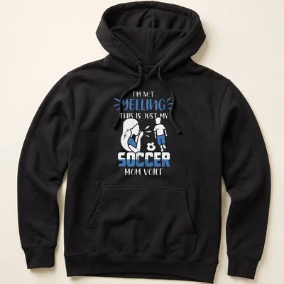 Playful bold graphic with text 'YELLING ABOUT SOCCER' for a soccer mom — printed on a unisex hoodie