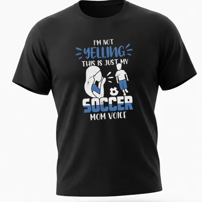 Playful bold graphic with text 'YELLING ABOUT SOCCER' for a soccer mom