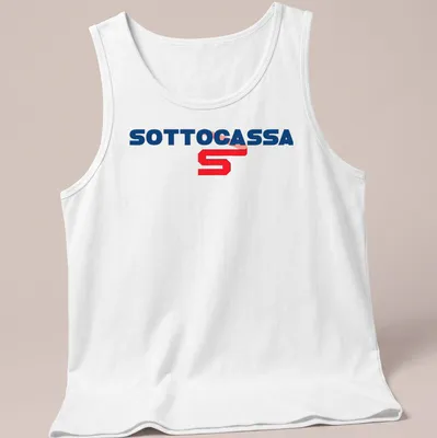 Bold typographic Sottocassa print on a heavy machinery-themed — printed on a tank top