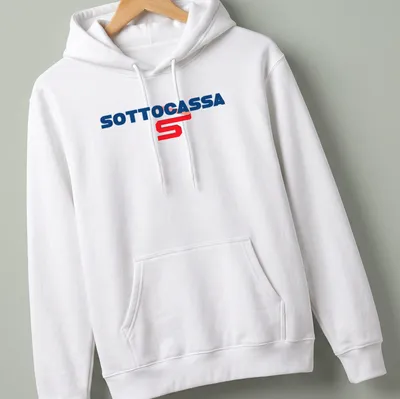 Bold typographic Sottocassa print on a heavy machinery-themed — printed on a unisex hoodie