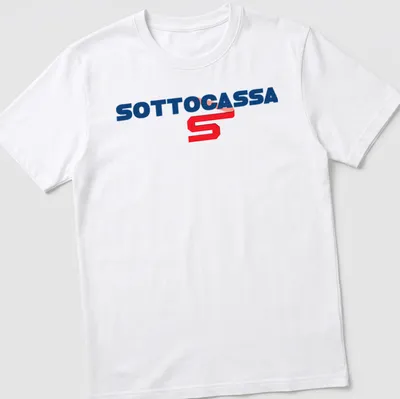 Bold typographic Sottocassa print on a heavy machinery-themed t-shirt
