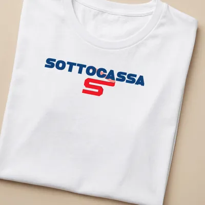 Bold typographic Sottocassa print on a heavy machinery-themed — printed on a women's shirt