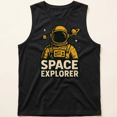 Retro astronaut graphic on a black t-shirt with gold and white lettering — printed on a tank top