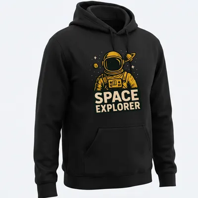 Retro astronaut graphic on a black t-shirt with gold and white lettering — printed on a unisex hoodie
