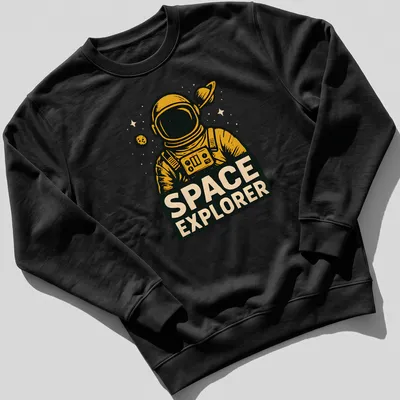 Retro astronaut graphic on a black t-shirt with gold and white lettering — printed on a unisex sweatshirt