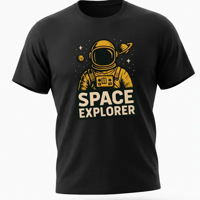 Retro astronaut graphic on a black t-shirt with gold and white lettering