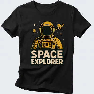 Retro astronaut graphic on a black t-shirt with gold and white lettering — printed on a women's shirt