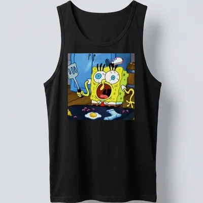 Cartoon design of SpongeBob SquarePants yelling with a spatula in vibrant colors — printed on a tank top