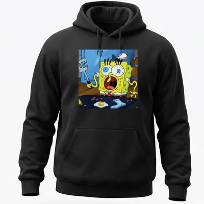 Cartoon design of SpongeBob SquarePants yelling with a spatula in vibrant colors — printed on a unisex hoodie